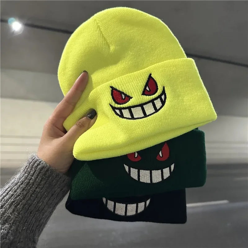 Winter Outdoor Beanie Cartoon Embroidery Big Mouth Red Eyes Embroidery Knitted Hat Pullover Warm Woolen Hat