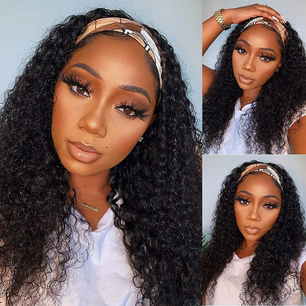 Headband Wig Human Hair Deep Wave 14 Inch Wigs for Black Women Glueless None Lace Front Curly Wave Wig Brazilian Virgin Hair Wear and Go Wigs Machine Made 150% Density Wigs Natural Color