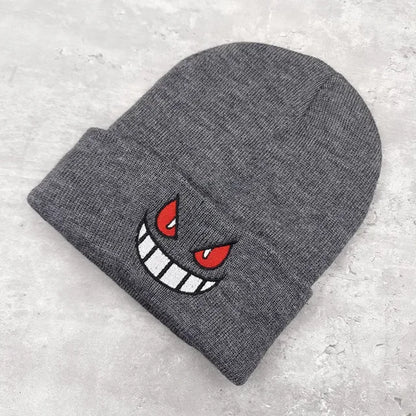 Winter Outdoor Beanie Cartoon Embroidery Big Mouth Red Eyes Embroidery Knitted Hat Pullover Warm Woolen Hat