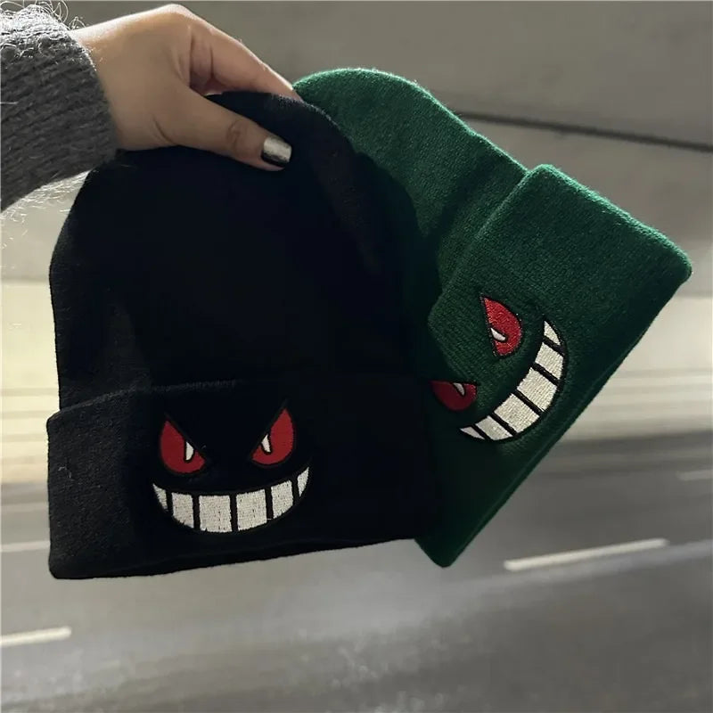 Winter Outdoor Beanie Cartoon Embroidery Big Mouth Red Eyes Embroidery Knitted Hat Pullover Warm Woolen Hat