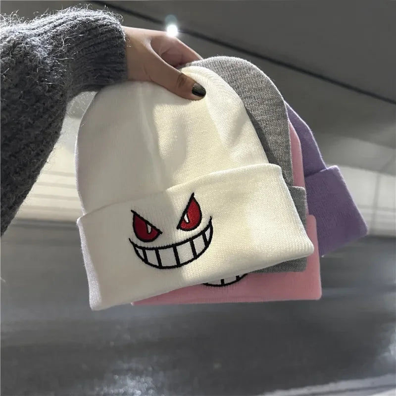 Winter Outdoor Beanie Cartoon Embroidery Big Mouth Red Eyes Embroidery Knitted Hat Pullover Warm Woolen Hat