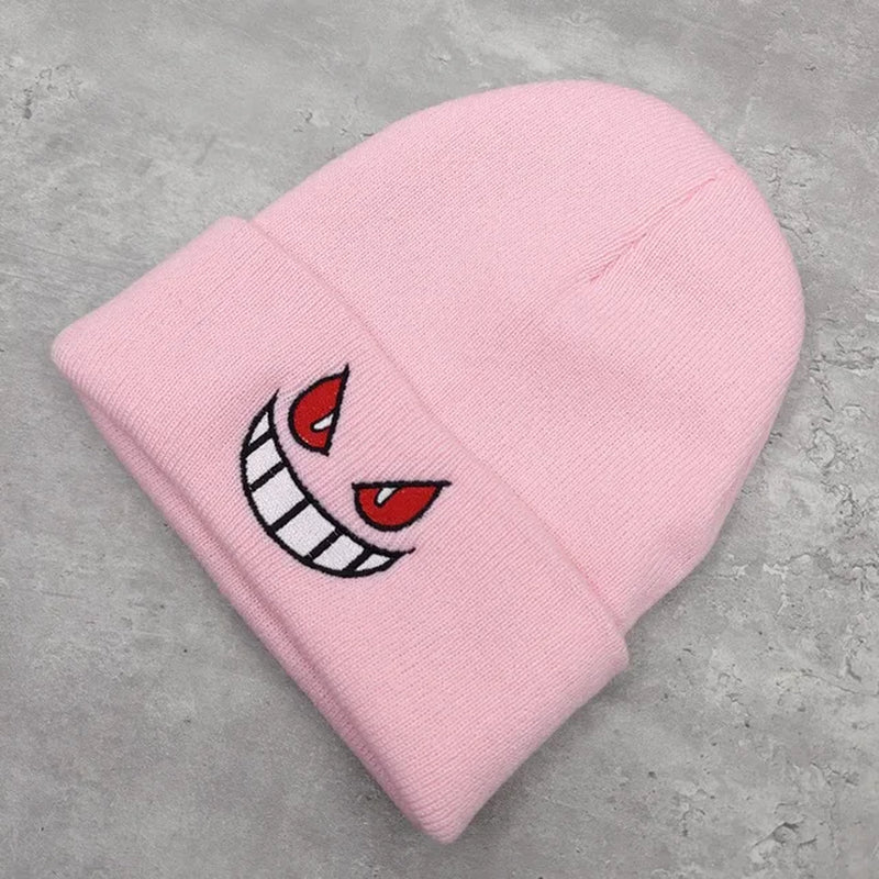 Winter Outdoor Beanie Cartoon Embroidery Big Mouth Red Eyes Embroidery Knitted Hat Pullover Warm Woolen Hat