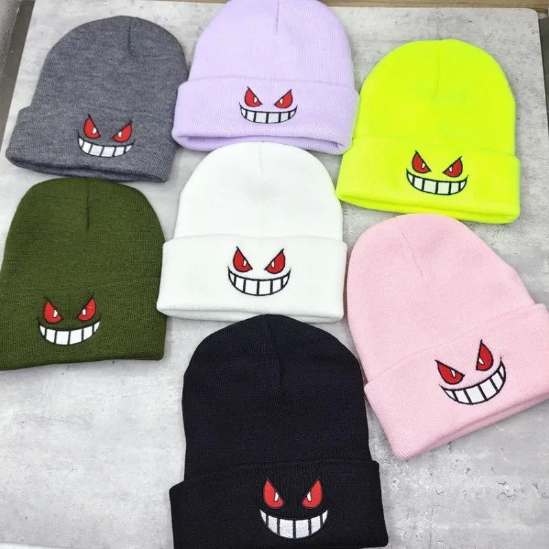 Winter Outdoor Beanie Cartoon Embroidery Big Mouth Red Eyes Embroidery Knitted Hat Pullover Warm Woolen Hat