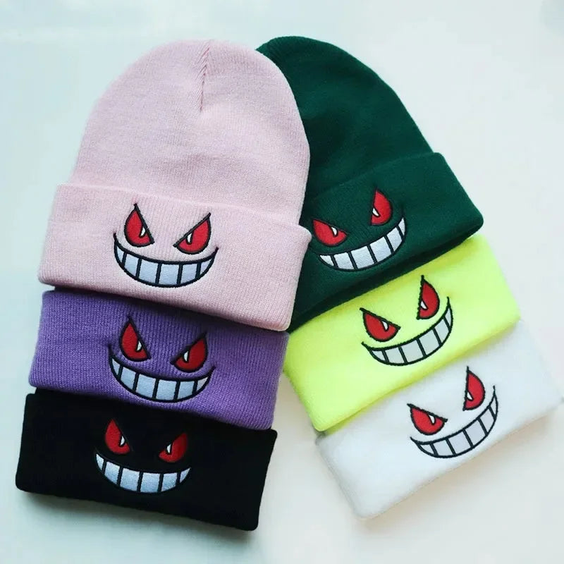 Winter Outdoor Beanie Cartoon Embroidery Big Mouth Red Eyes Embroidery Knitted Hat Pullover Warm Woolen Hat