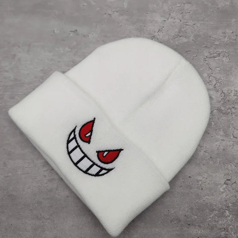 Winter Outdoor Beanie Cartoon Embroidery Big Mouth Red Eyes Embroidery Knitted Hat Pullover Warm Woolen Hat