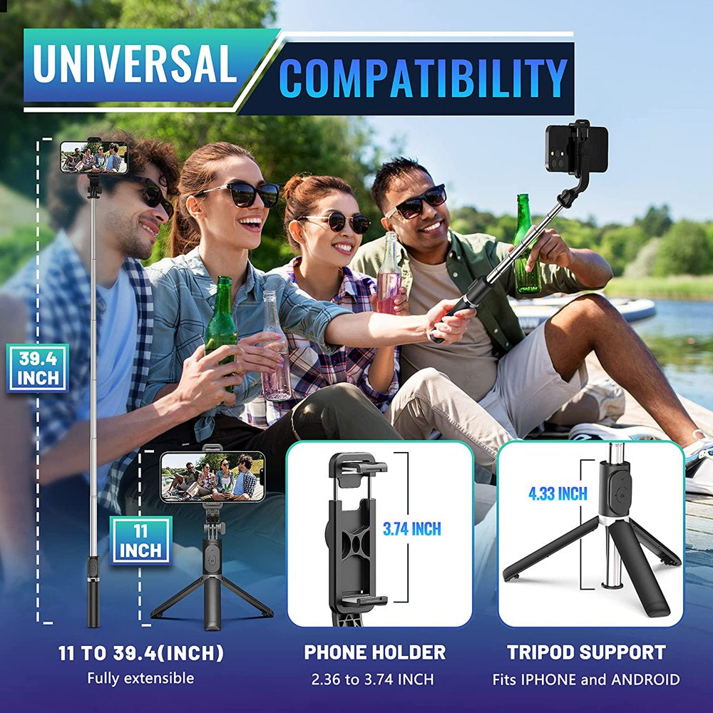 Selfie Stick, 40" Extendable Selfie Stick Tripod with Detachable Bluetooth Shutter Remote, Tripod for Iphone and Android Phone Tripod, Black