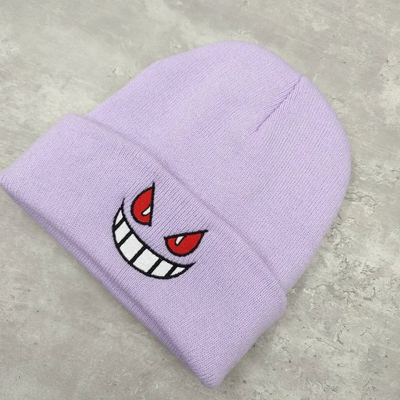 Winter Outdoor Beanie Cartoon Embroidery Big Mouth Red Eyes Embroidery Knitted Hat Pullover Warm Woolen Hat