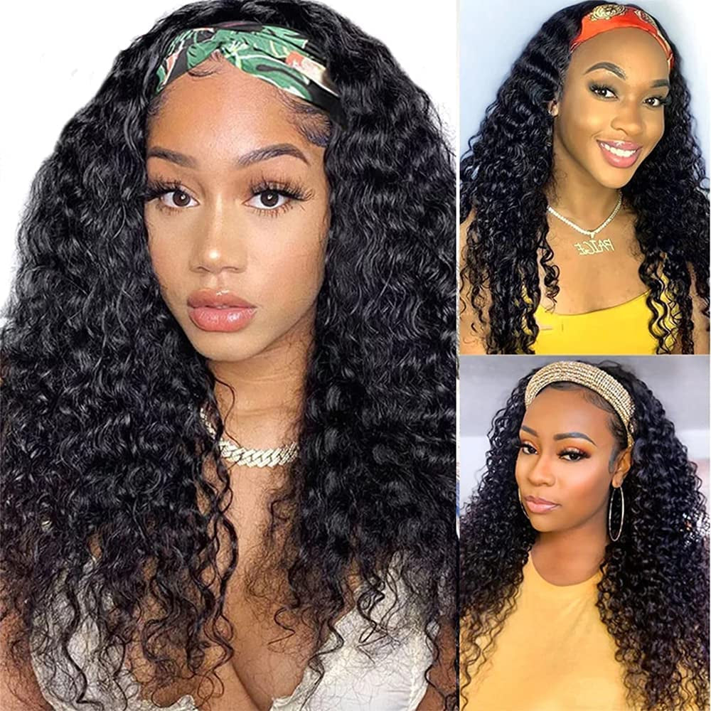 Headband Wig Human Hair Deep Wave 14 Inch Wigs for Black Women Glueless None Lace Front Curly Wave Wig Brazilian Virgin Hair Wear and Go Wigs Machine Made 150% Density Wigs Natural Color